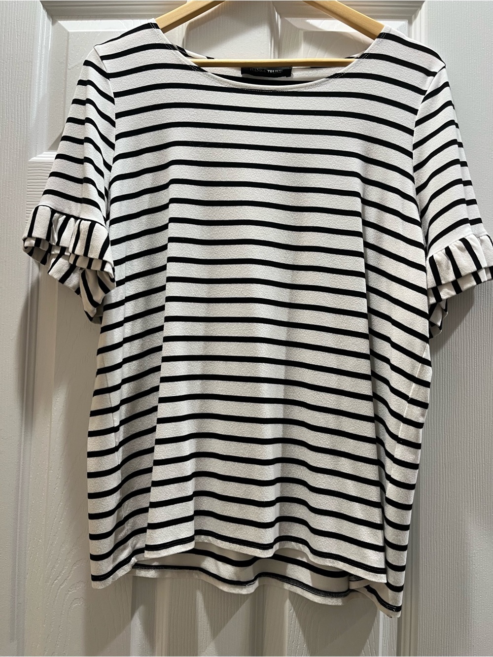 Ivanka Trump Black and White Striped Ruffle Sleeve Tee